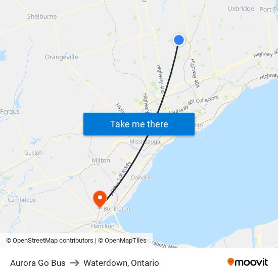 Aurora Go Bus to Waterdown, Ontario map