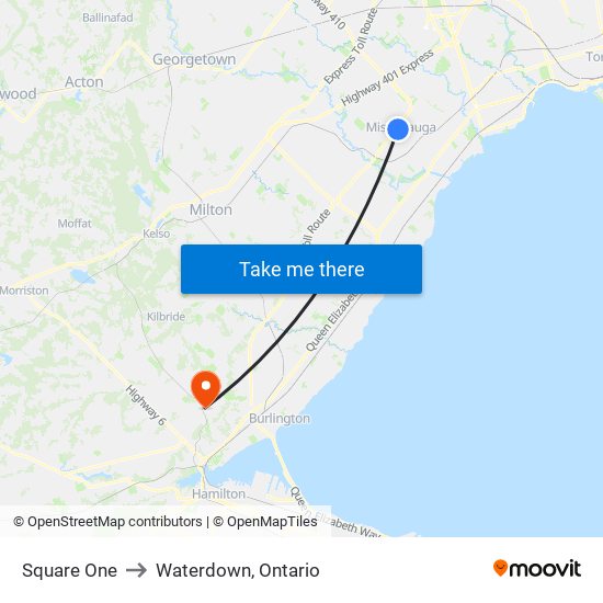 Square One to Waterdown, Ontario map