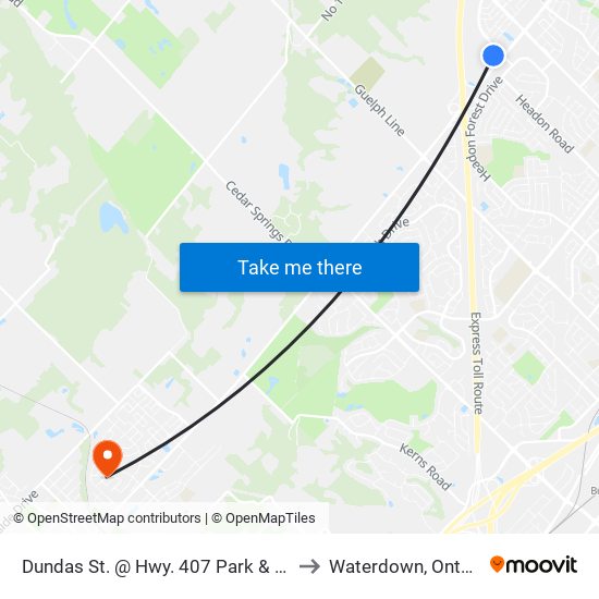 Dundas St. @ Hwy. 407 Park & Ride to Waterdown, Ontario map