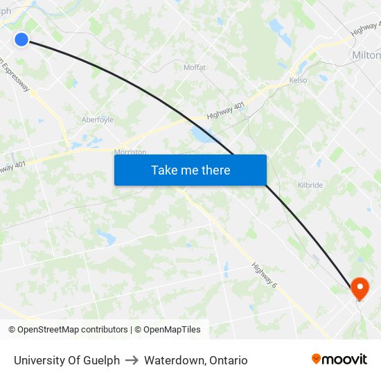 University Of Guelph to Waterdown, Ontario map