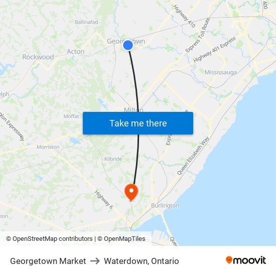 Georgetown Market to Waterdown, Ontario map