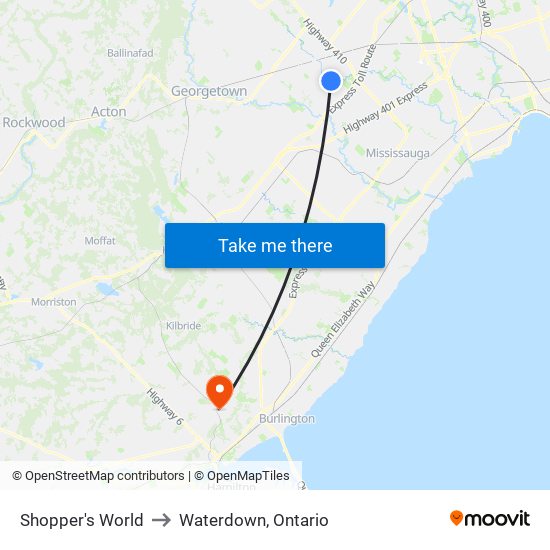 Shopper's World to Waterdown, Ontario map