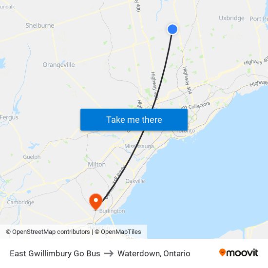 East Gwillimbury Go Bus to Waterdown, Ontario map