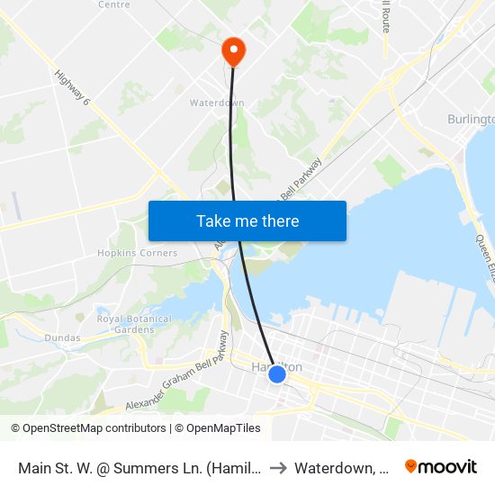 Main St. W. @ Summers Ln. (Hamilton City Hall) to Waterdown, Ontario map