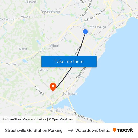Streetsville Go Station Parking Lot to Waterdown, Ontario map