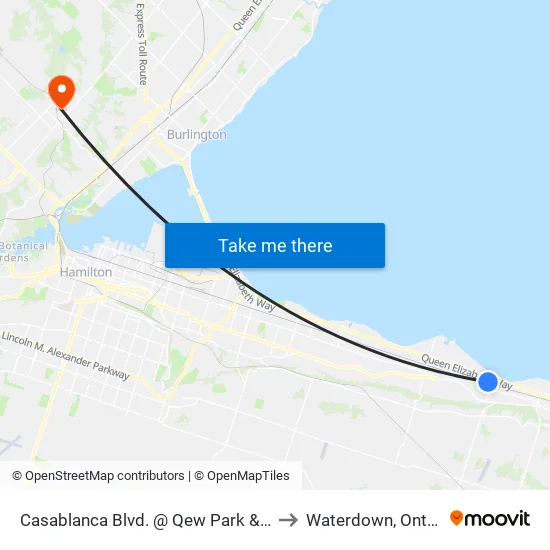 Casablanca Blvd. @ Qew Park & Ride to Waterdown, Ontario map