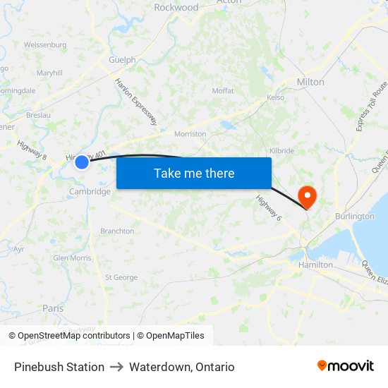 Pinebush Station to Waterdown, Ontario map