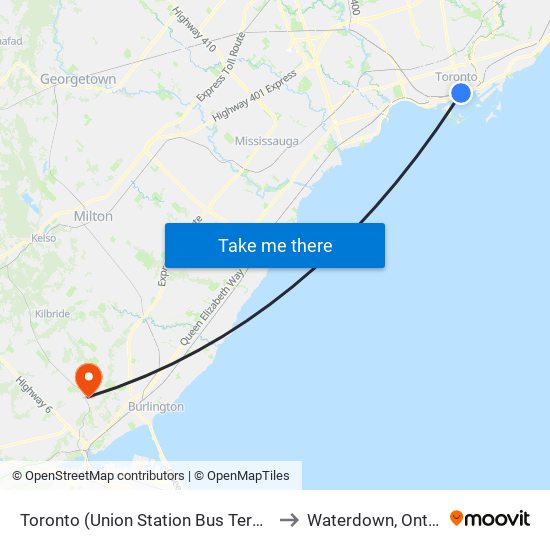 Toronto (Union Station Bus Terminal) to Waterdown, Ontario map