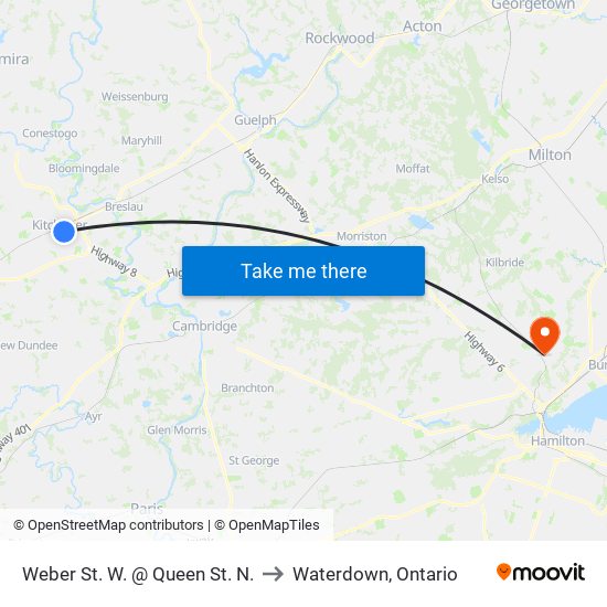 Weber St. W. @ Queen St. N. to Waterdown, Ontario map