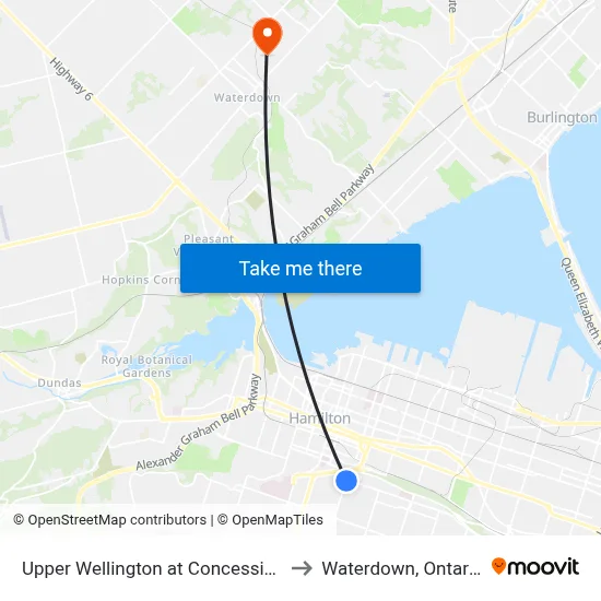 Upper Wellington at Concession to Waterdown, Ontario map
