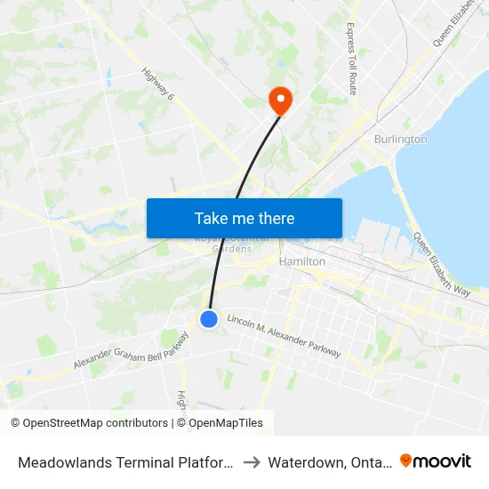 Meadowlands Terminal Platform 1 to Waterdown, Ontario map