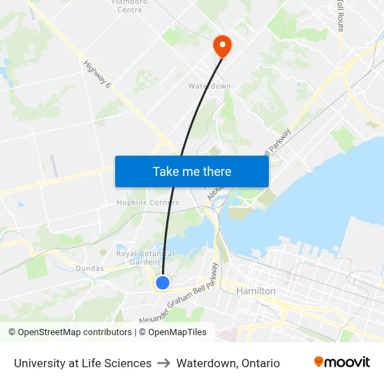 University at Life Sciences to Waterdown, Ontario map