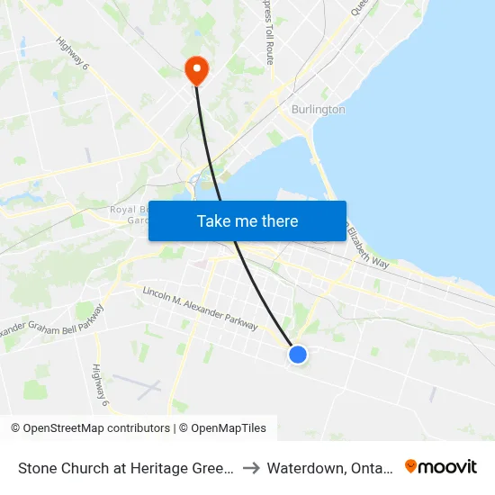 Stone Church at Heritage Greene to Waterdown, Ontario map