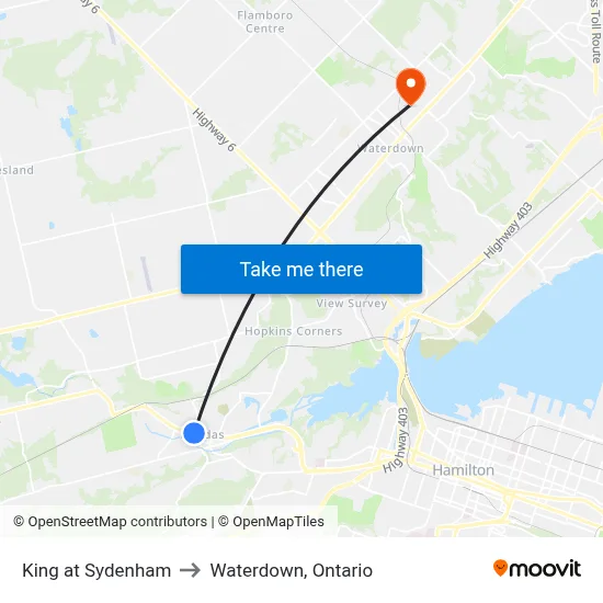 King at Sydenham to Waterdown, Ontario map
