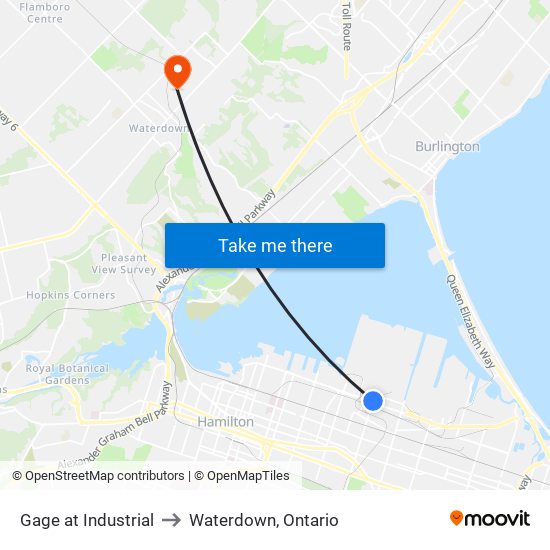 Gage at Industrial to Waterdown, Ontario map