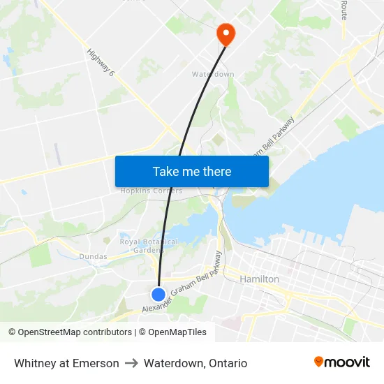 Whitney at Emerson to Waterdown, Ontario map