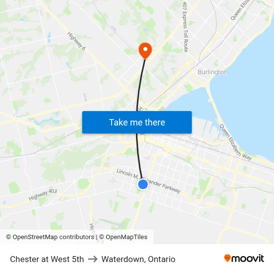 Chester at West 5th to Waterdown, Ontario map