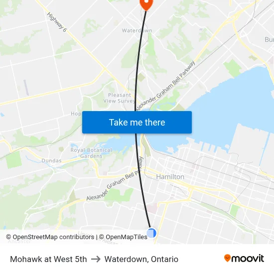 Mohawk at West 5th to Waterdown, Ontario map