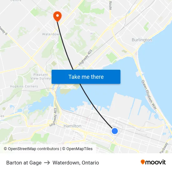 Barton at Gage to Waterdown, Ontario map