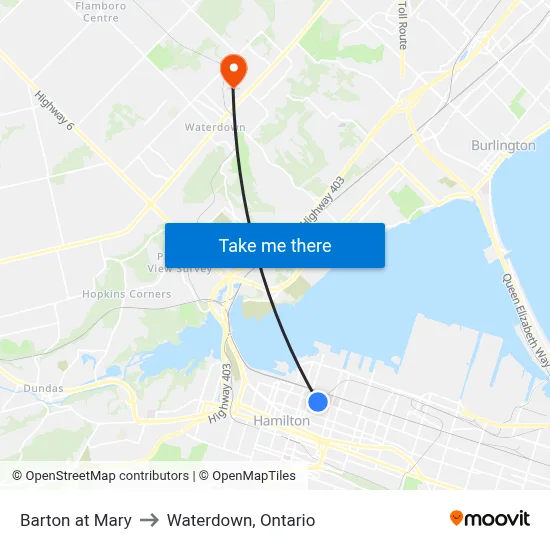 Barton at Mary to Waterdown, Ontario map