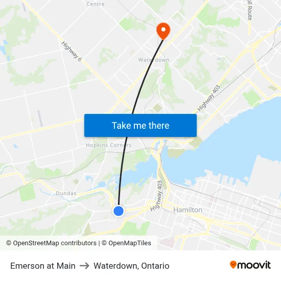 Emerson at Main to Waterdown, Ontario map