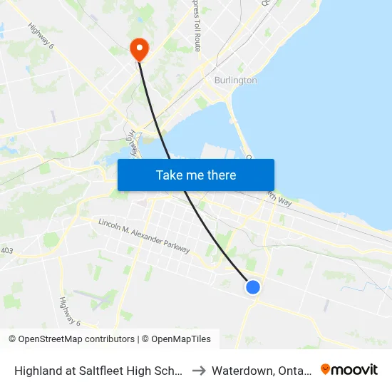 Highland at Saltfleet High School to Waterdown, Ontario map