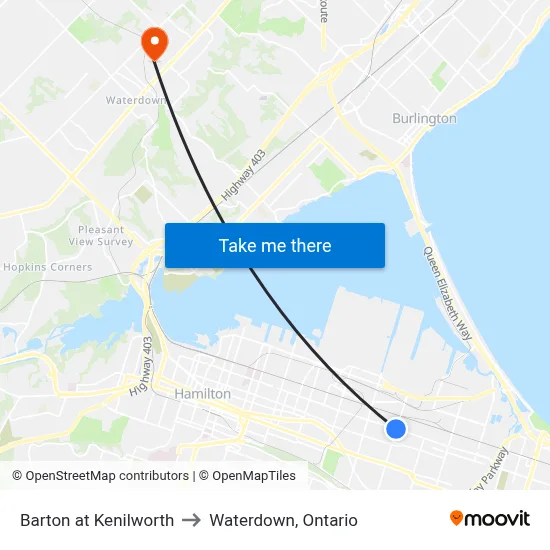 Barton at Kenilworth to Waterdown, Ontario map