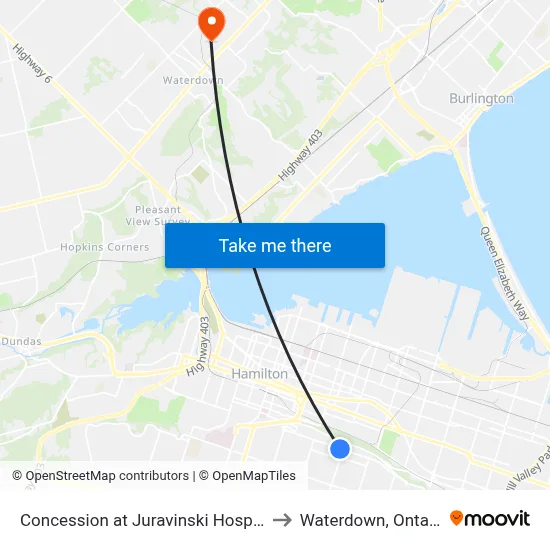 Concession at Juravinski Hospital to Waterdown, Ontario map