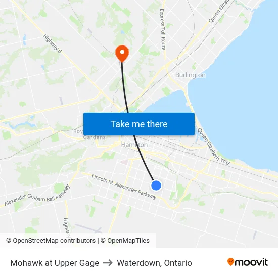 Mohawk at Upper Gage to Waterdown, Ontario map