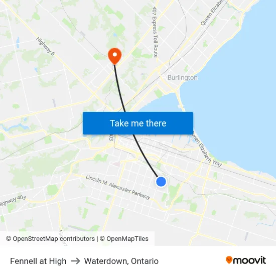 Fennell at High to Waterdown, Ontario map