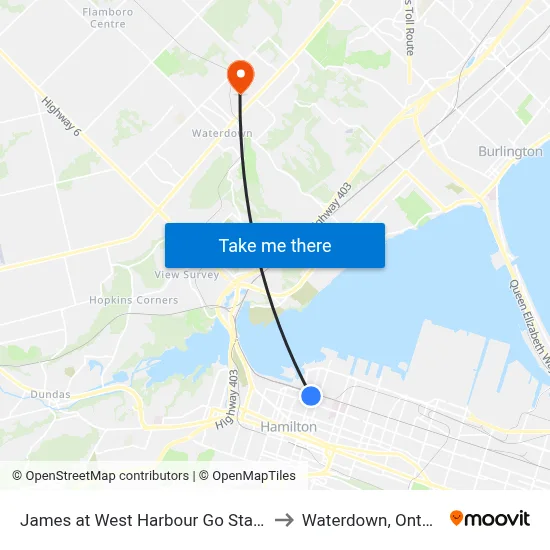 James at West Harbour Go Station to Waterdown, Ontario map