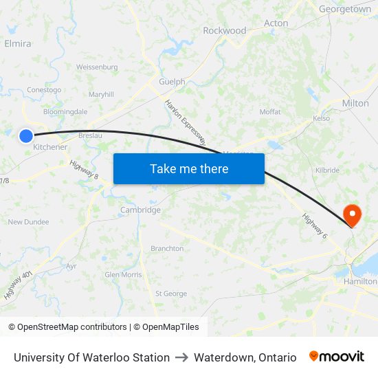 University Of Waterloo Station to Waterdown, Ontario map