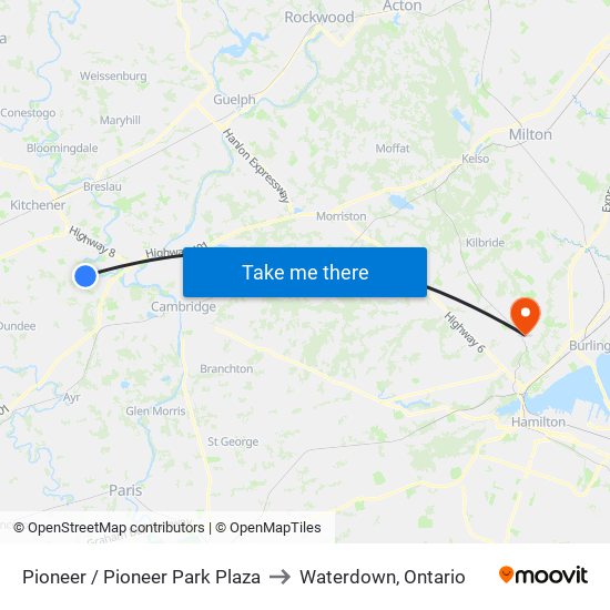 Pioneer / Pioneer Park Plaza to Waterdown, Ontario map
