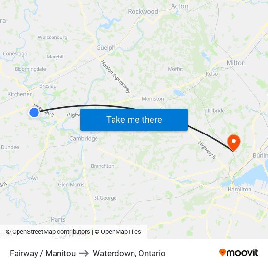 Fairway / Manitou to Waterdown, Ontario map