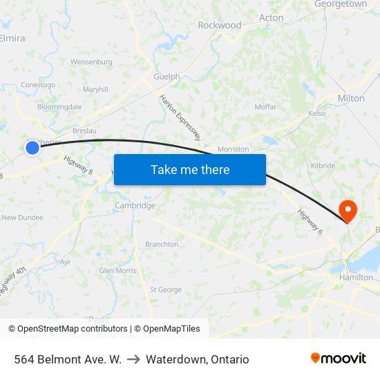 564 Belmont Ave. W. to Waterdown, Ontario map