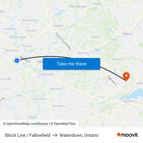 Block Line / Fallowfield to Waterdown, Ontario map