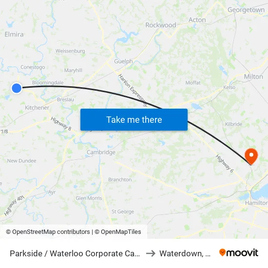 Parkside / Waterloo Corporate Campus - North to Waterdown, Ontario map