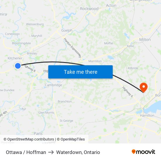 Ottawa / Hoffman to Waterdown, Ontario map