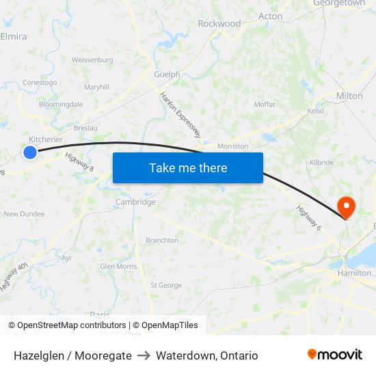 Hazelglen / Mooregate to Waterdown, Ontario map