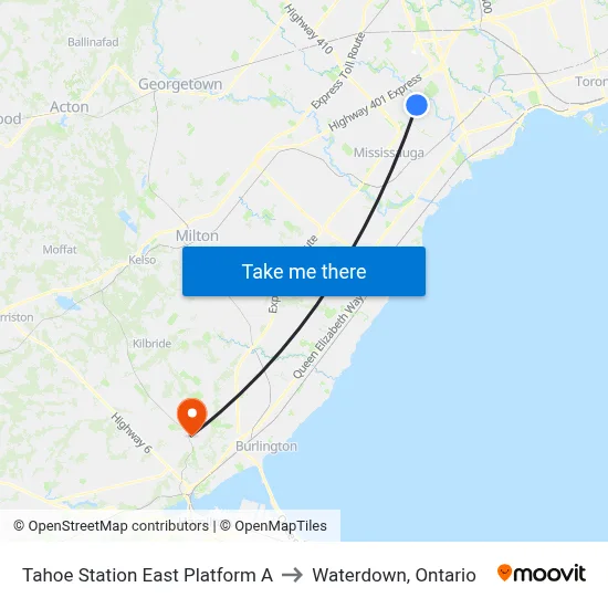 Tahoe Station East Platform A to Waterdown, Ontario map