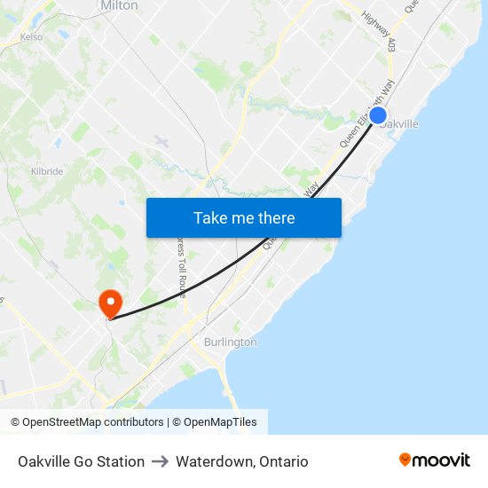 Oakville Go Station to Waterdown, Ontario map