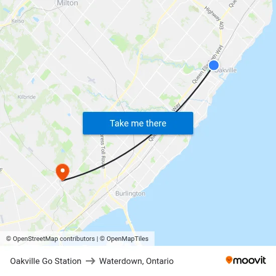 Oakville Go Station to Waterdown, Ontario map