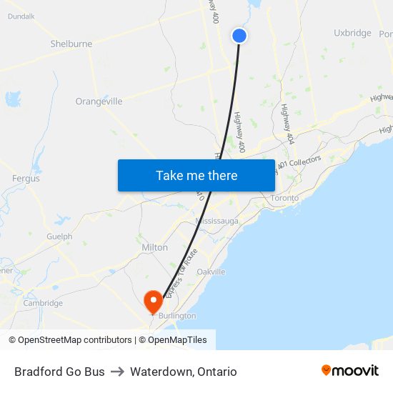 Bradford Go Bus to Waterdown, Ontario map