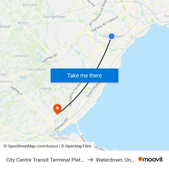 City Centre Transit Terminal Platform A to Waterdown, Ontario map