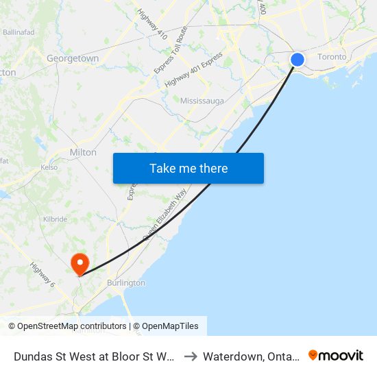 Dundas St West at Bloor St West to Waterdown, Ontario map