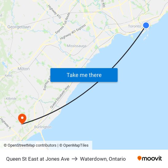 Queen St East at Jones Ave to Waterdown, Ontario map