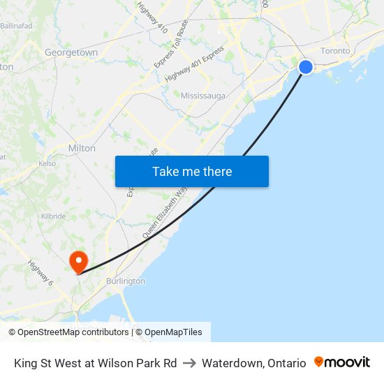 King St West at Wilson Park Rd to Waterdown, Ontario map