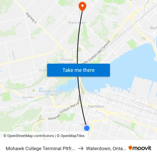Mohawk College Terminal Pltfrm 1 to Waterdown, Ontario map
