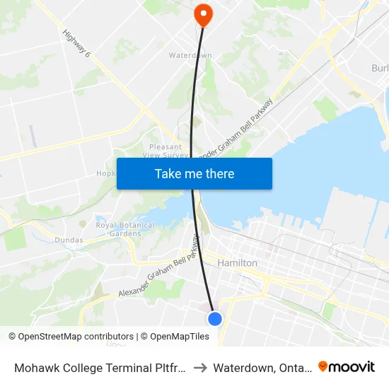 Mohawk College Terminal Pltfrm 4 to Waterdown, Ontario map