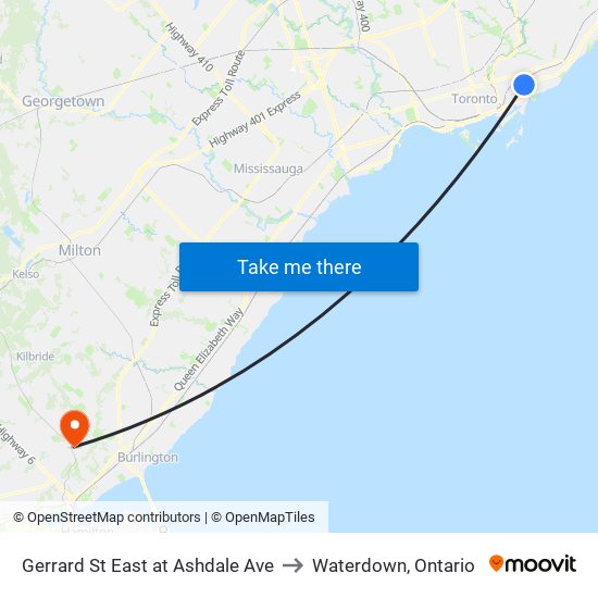 Gerrard St East at Ashdale Ave to Waterdown, Ontario map